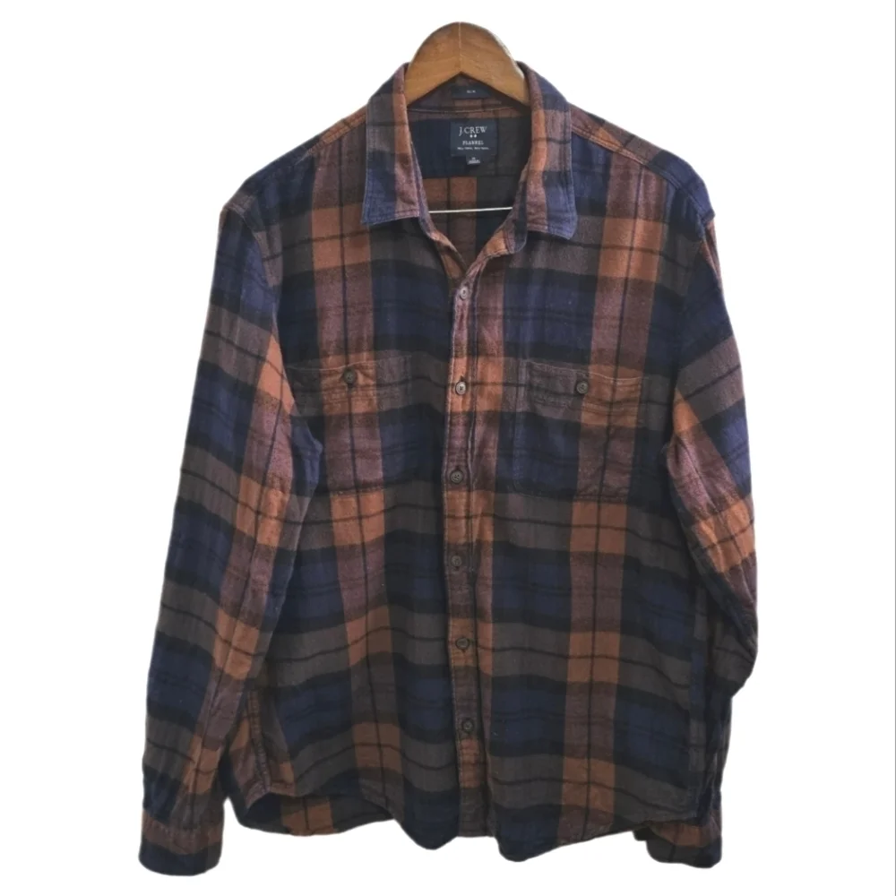 J.Crew flannel 90s grunge plaid slim orange blue long sleeve button shir…